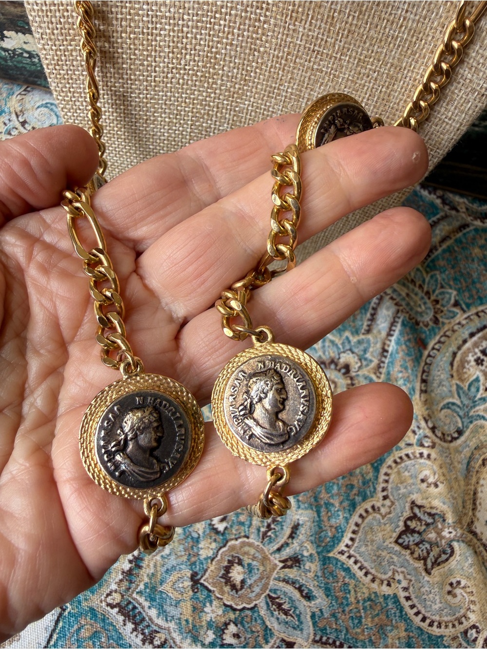 Roman Coin Medallion Infinity Necklace Gold Tone Long Chain Vintage